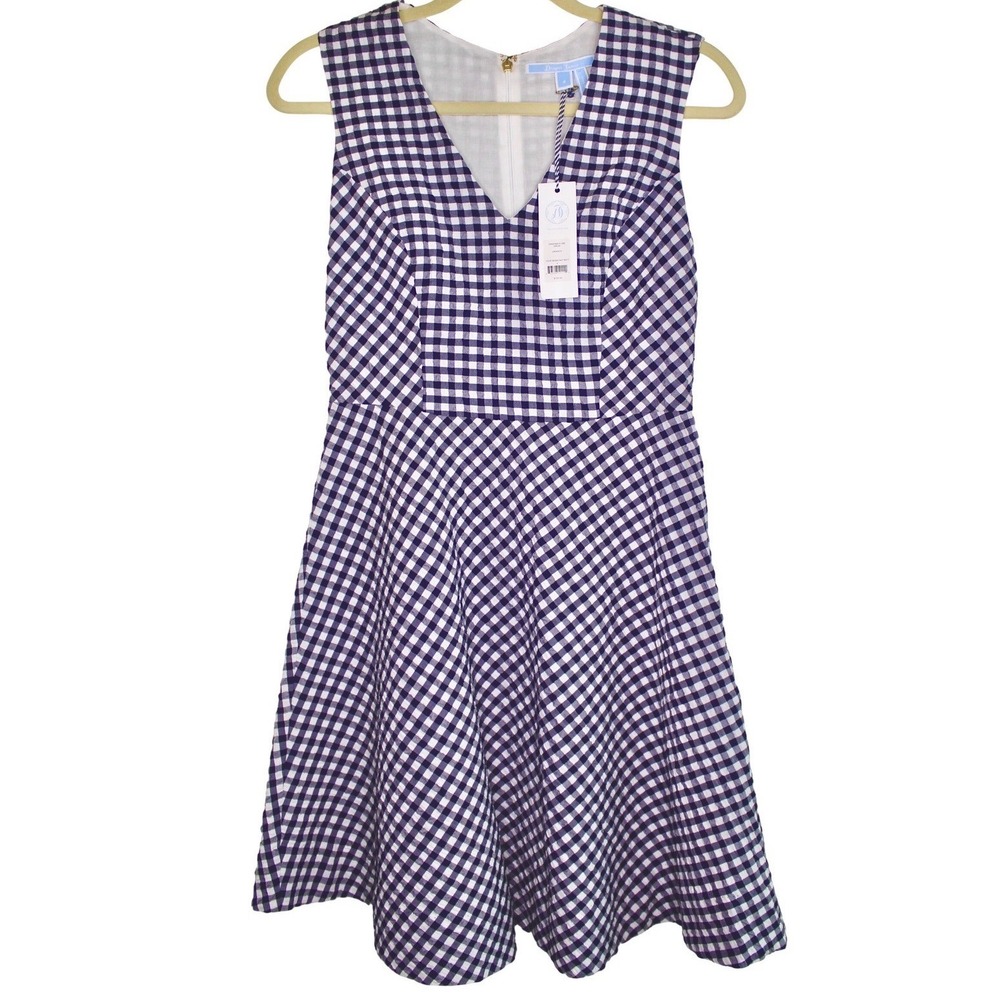Draper James Gingham Dress Women Size 4 Navy Blue White Fit Flare Spring Picnic - Picture 3 of 10